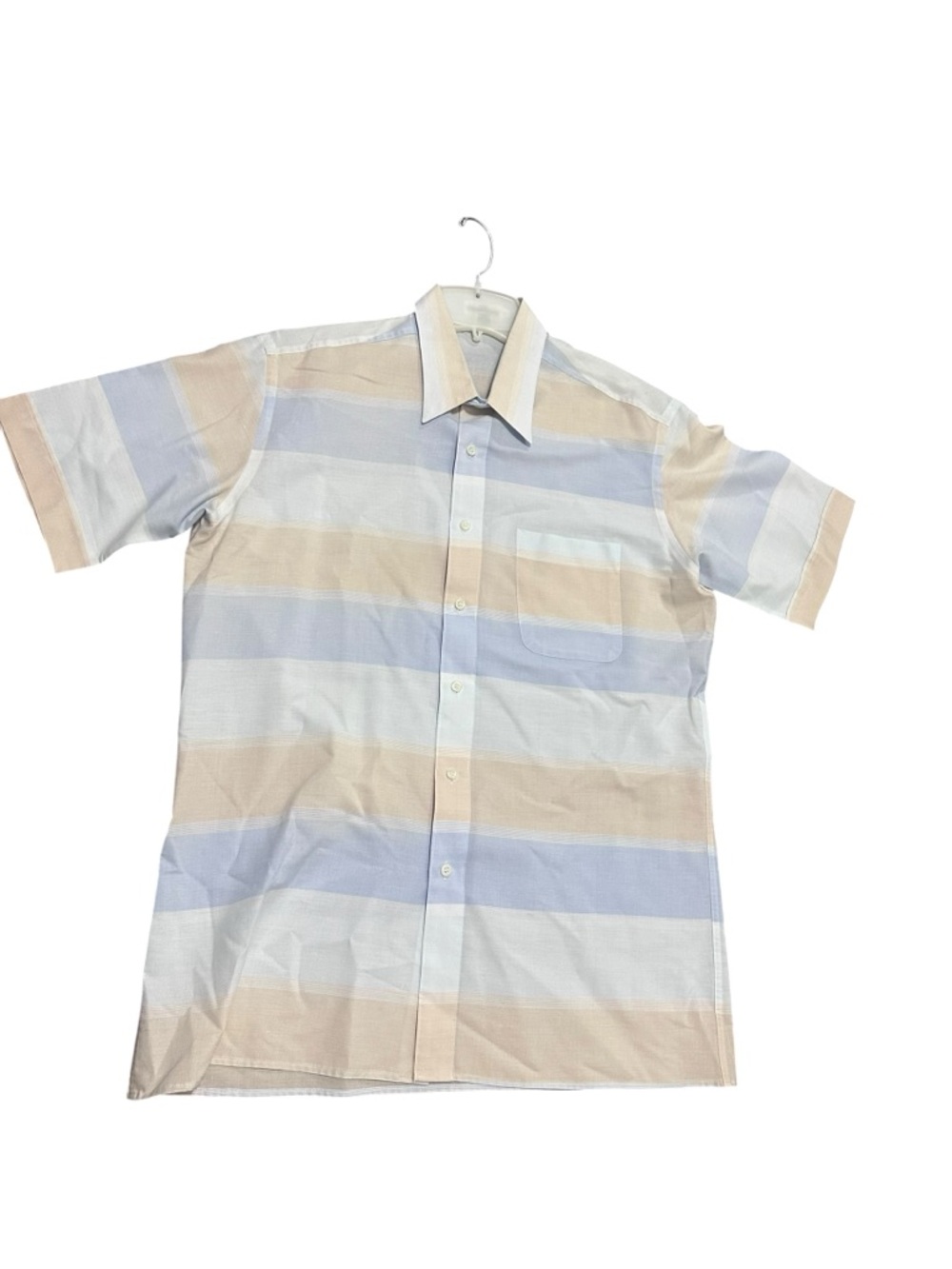 Oleg Cassini Short Sleeve Button-Up in Pale Blue & Beige Stripes